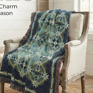 Teal Patchwork Inspired Woven Blanket, Farmhouse Blue Green Throw, 100% Cotton Heirloom Quilt-Pattern, Cottage-Core Decor, Gift for Her