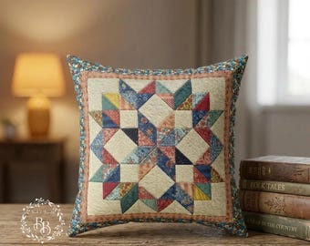 Patchwork sterren sierkussen, rustiek gewatteerd kussen, Americana boerderijstijl decoratie, cottagecore accentkussen, handgemaakt sterrenquiltkussen