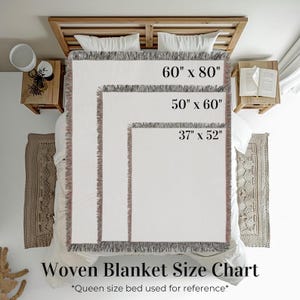 May include: A woven blanket size chart featuring three rectangular blankets with fringed edges, labeled with dimensions 60" x 80", 50" x 60", and 37" x 52". The text "Woven Blanket Size Chart" and "*Queen size bed used for reference*" is included.