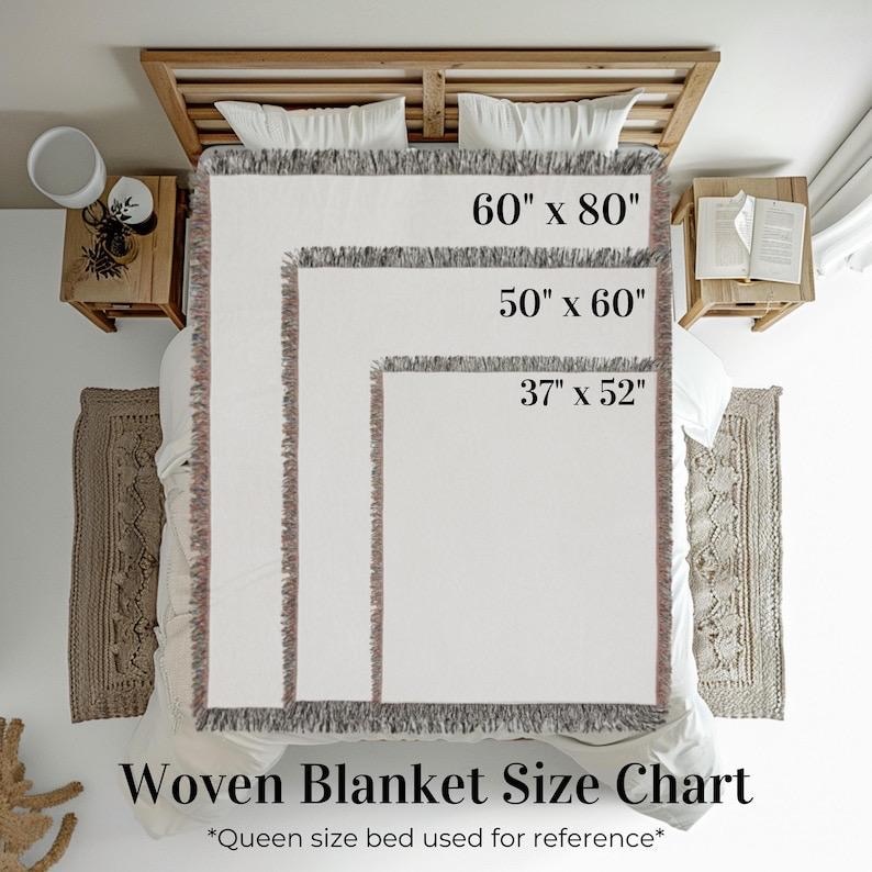 May include: A woven blanket size chart featuring three rectangular blankets with fringed edges, labeled with dimensions 60" x 80", 50" x 60", and 37" x 52". The text "Woven Blanket Size Chart" and "*Queen size bed used for reference*" is included.