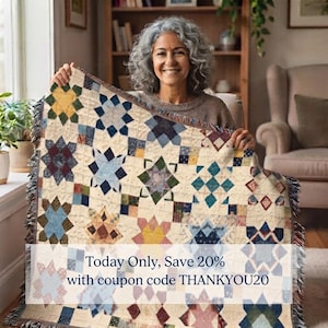Farmhouse Patchwork Quilt Style Woven Throw Blanket, 100% Cotton Heirloom Quilt Pattern, Cottage-Core Decor, Cozy Bedding, Gift for Her