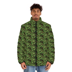Camouflage Puffer Jacket | Military Style Coat for Hunters | Army Green Winter Outerwear | Tactical Clothing | Outdoorsman Gift