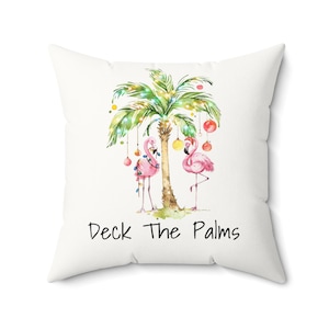 Deck The Palms Flamingo Throw Pillow | Cozy Holiday Decor | Christmas Cushion | Christmas Throw Pillow | Winter Celebration Gifts
