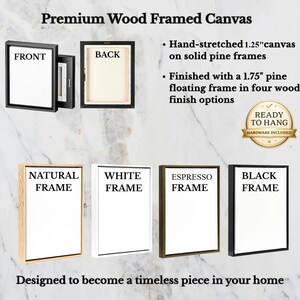 May include: An image showcasing premium wood-framed canvases. The image highlights the front and back of a framed canvas, along with four frame finish options: natural, white, espresso, and black. Text indicates the canvas is hand-stretched on solid pine frames.