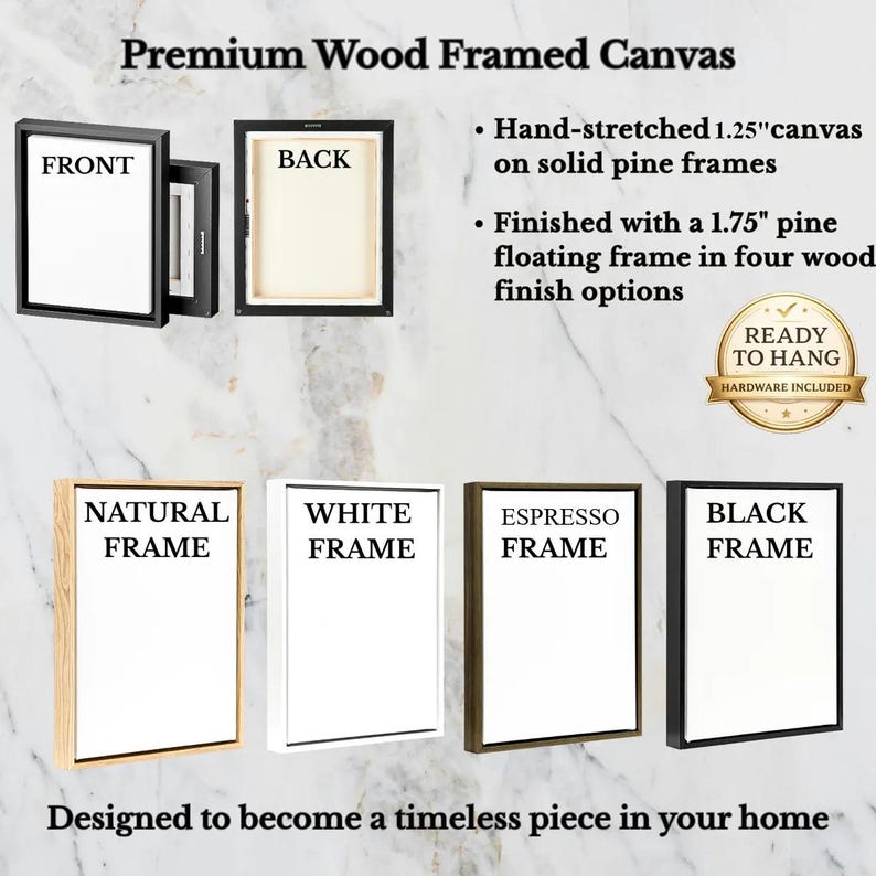 May include: An image showcasing premium wood-framed canvases. The image highlights the front and back of a framed canvas, along with four frame finish options: natural, white, espresso, and black. Text indicates the canvas is hand-stretched on solid pine frames.