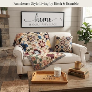 Plaid patchwork à étoiles, 100 % coton, motif patchwork traditionnel, décoration cottage, linge de lit douillet, cadeau pour elle