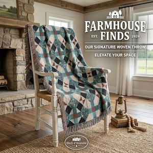 May include: A woven throw blanket with a geometric pattern in teal, cream, and dark brown, featuring fringed edges. The blanket is draped over a white wooden chair. Text on the image reads Farmhouse Finds Est. 2024, Our Signature Woven Throw, Elevate Your Space, and Birch & Bramble.