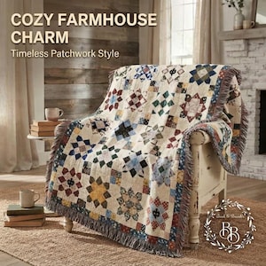 May include: A woven throw blanket featuring a repeating patchwork star pattern in shades of blue, red, yellow, and brown on a cream background. The blanket has a fringed edge and is draped over a light-colored wooden chair. Text reads COZY FARMHOUSE CHARM.
