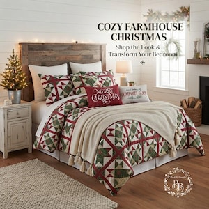 Christmas Patchwork Star Bedding, Red and Green Quilt Set, Festive Holiday Home Decor, Rustic Christmas Bedroom, Cozy Farmhouse Bedspread