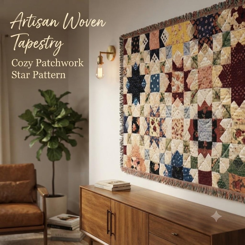 May include: A rectangular woven tapestry featuring a patchwork star pattern in various colors including red, blue, yellow, and cream. The textile has a fringed edge and is displayed on a wall. Text on the image reads Artisan Woven Tapestry Cozy Patchwork Star Pattern.