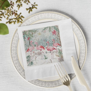 Christmas In Paradise Napkins | Pink Christmas Flamingos Christmas Napkins | Elegant Table Decor | Party Essentials