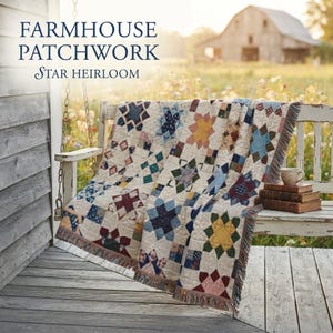 May include: A patchwork quilt featuring a repeating star pattern in various colors including blue, red, yellow, and green on a cream background. The quilt has a fringed edge and is draped over a white wooden bench. Text reads: FARMHOUSE PATCHWORK STAR HEIRLOOM.