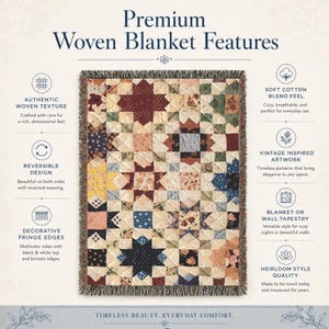 May include: A rectangular woven blanket featuring a patchwork star pattern in various floral and geometric prints. The blanket has decorative fringe edges and is surrounded by text labels detailing features like woven texture and reversible design.