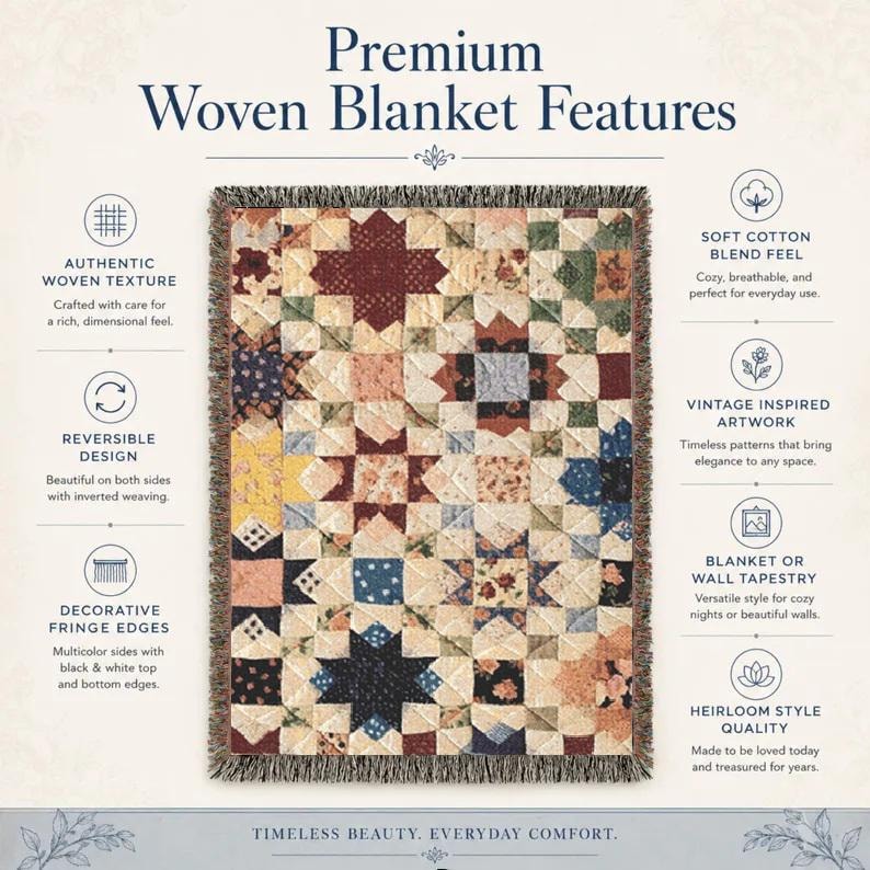 May include: A rectangular woven blanket featuring a patchwork star pattern in various floral and geometric prints. The blanket has decorative fringe edges and is surrounded by text labels detailing features like woven texture and reversible design.