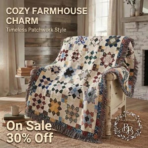 Farmhouse Patchwork Quilt Style Woven Throw Blanket, 100% Cotton Heirloom Quilt Pattern, Cottage-Core Decor, Cozy Bedding, Gift for Her