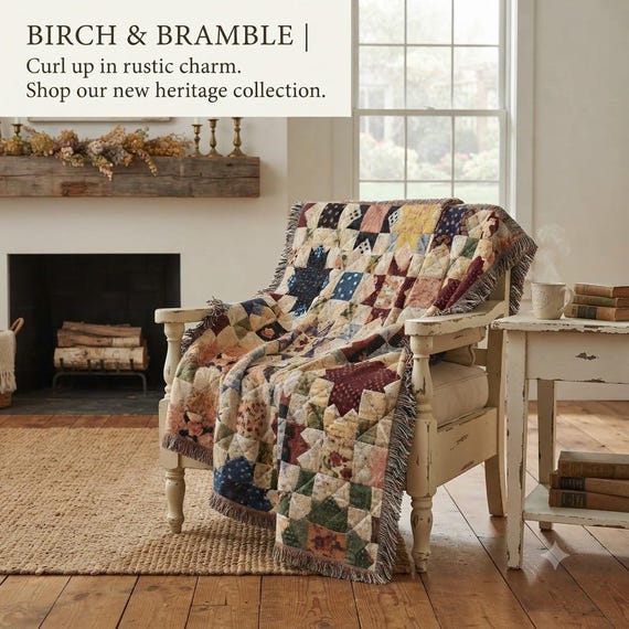 Farmhouse Patchwork Star Woven Throw Blanket, 100% Cotton Heirloom Quilt Pattern, Cottage-Core Living Room Decor, Cozy Bedding, Gift for Her