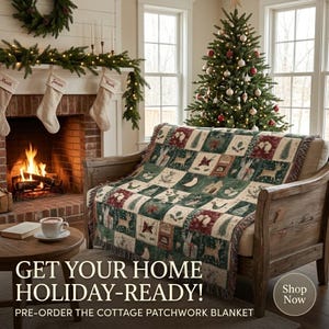 May include: A woven throw blanket featuring a patchwork design of holiday-themed squares in shades of green, red, and cream. The pattern includes illustrations of reindeer, Christmas trees, gifts, and holly leaves with a fringed edge finish.