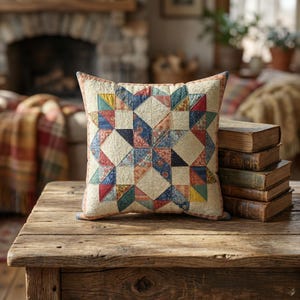 May include: Square decorative pillow with a patchwork design in shades of blue, red, yellow, and green. The pillow is placed on a rustic wooden table, with a stack of vintage books in the background.