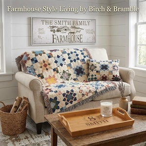 Farmhouse Patchwork Quilt Style Woven Throw Blanket, 100% Cotton Heirloom Quilt Pattern, Cottage-Core Decor, Cozy Bedding, Gift for Her