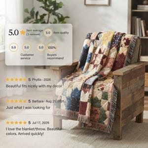 May include: A woven throw blanket featuring a patchwork design of various square fabric patterns in shades of red, blue, yellow, green, and cream. The blanket has a fringed edge and is draped over a wooden chair. The fabric displays a repeating geometric star motif throughout the textile construction.