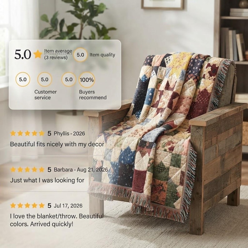 May include: A woven throw blanket featuring a patchwork design of various square fabric patterns in shades of red, blue, yellow, green, and cream. The blanket has a fringed edge and is draped over a wooden chair. The fabric displays a repeating geometric star motif throughout the textile construction.