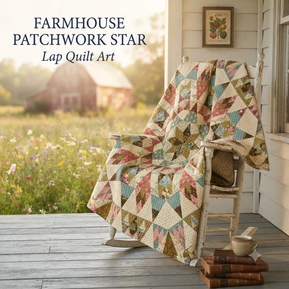 Farmhouse Patchwork-style Quilt, Star Pattern Lap Throw, Cozy Cottagecore Bedding, French Country Living Room Decor, Patchwork Blanket, Gift