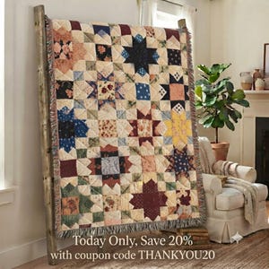 Farmhouse Patchwork Star Woven Throw Blanket, 100% Cotton Heirloom Quilt Pattern, Cottage-Core Living Room Decor, Cozy Bedding, Gift for Her