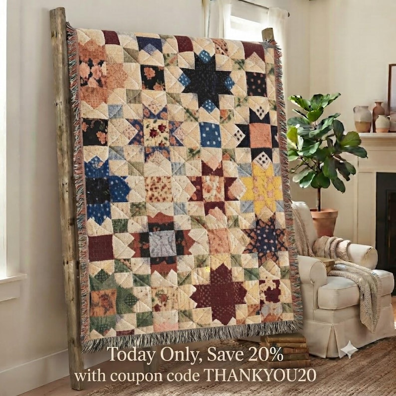 May include: A woven throw blanket featuring a patchwork star pattern in shades of navy, burgundy, yellow, and cream, draped over a wooden ladder. The text at the bottom reads: Today Only, Save 20% with coupon code THANKYOU20.