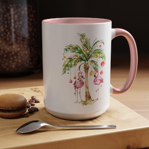Deck The Palms Pink Christmas Flamingos Coffee Tea Java Latte Mug, Coastal Christmas Gift | Beach Coffee Mug | Flamingo Mug, Christmas Gifts