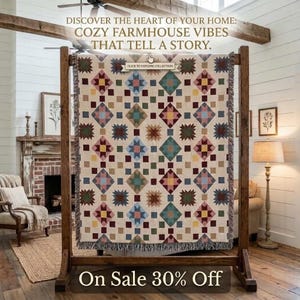 Farmhouse Patchwork Star Blanket | Woven Cotton Throw Fringed Edges, Rustic Bedding, Cottagecore Decor, Housewarminggift, Christmasblanket