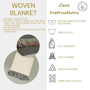 May include: A woven blanket made of 100% cotton with colorful fringed edges on two sides and white and black fringed edges on the other two sides. The product features woven threads and care instructions including machine wash cold at 90F.