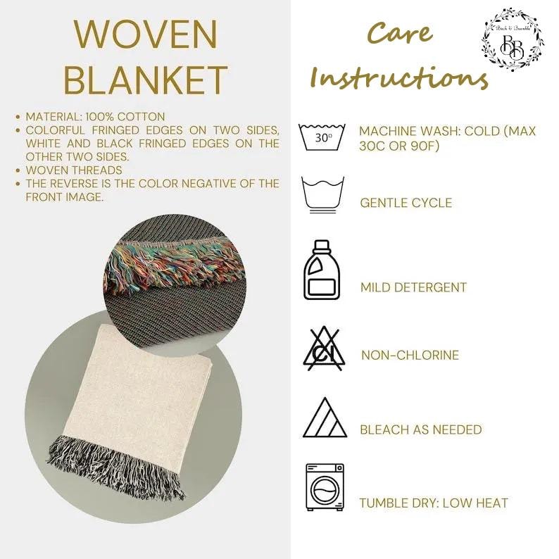 May include: A woven blanket made of 100% cotton with colorful fringed edges on two sides and white and black fringed edges on the other two sides. The product features woven threads and care instructions including machine wash cold at 90F.