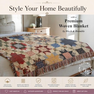 Peut inclure: Une couverture tissée avec un motif d'étoiles en patchwork multicolore et des bords à franges. Le texte indique : Style Your Home Beautifully with a Premium Woven Blanket by Birch & Bramble. Des icônes précisent coton, lavable en machine.