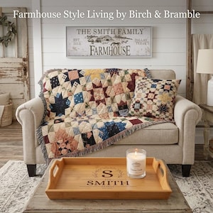 Farmhouse Patchwork Star Woven Throw Blanket, 100% Cotton Heirloom Quilt-Pattern, Cottage-Core Decor, Cozy Bedding, Gift for Her