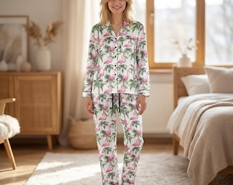 Roze flamingo wit satijnen pyjama dames | Roze flamingo-pyjama dames | Kustpyjama