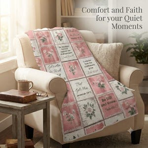 Christian Throw Blanket, Pink Rose Scripture Quilt, Faith-Based Gift for Women, Floral Bible Verse Blanket, Religious Home Decor, Faith Gift