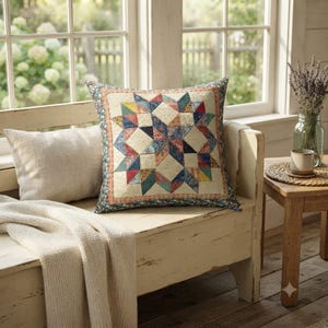 Patchwork Star Throw Pillow, Rustic Quilted Cushion, Americana Farmhouse Decor, Cottagecore Accent Pillow, Handmade Star Quilt Pillow