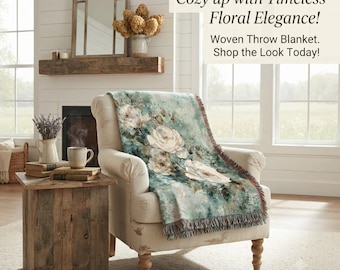 White Rose Woven Blanket, Farmhouse Floral Throw Cottagecore Bedding Vintage Botanical Decor Aesthetic Cotton Throw French Country Home Gift