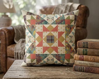 Patchwork Star Pattern Pillow | Vintage Quilt Square Decorative Pillow