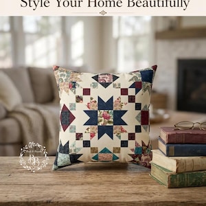Patchwork Star Pattern Pillow | Vintage Quilt Square Decorative Pillow image 2