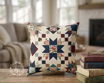 Kussen met patchwork sterpatroon | Vintage quilt vierkant decoratief kussen