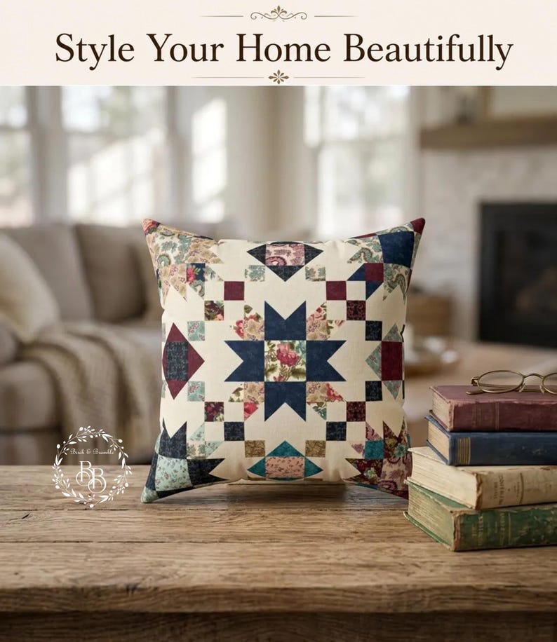 Patchwork Star Pattern Pillow | Vintage Quilt Square Decorative Pillow image 2
