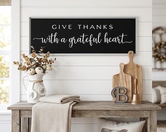 Give Thanks With A Grateful Heart Wood-Framed Canvas | Inspirational Dining Room Wall Art
