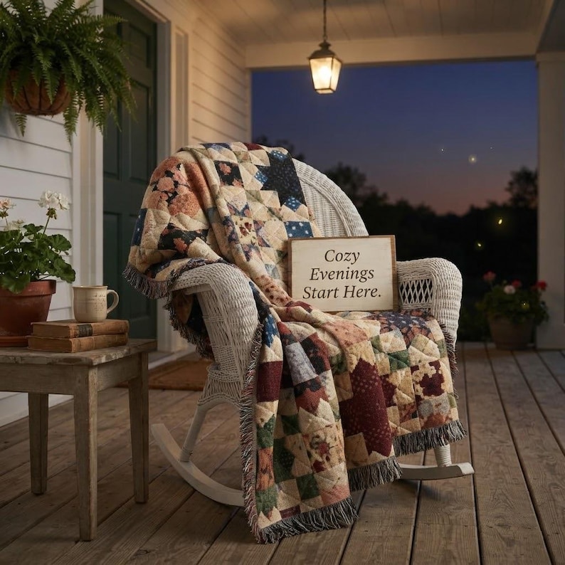 May include: A white wicker rocking chair draped with a multi-colored patchwork quilt featuring floral and geometric patterns. A wooden sign resting on the quilt displays the text "Cozy Evenings Start Here." The chair has a fringed edge.