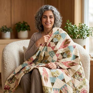 May include: A patchwork quilt featuring a repeating star pattern composed of various floral and geometric fabric prints in shades of dusty pink, sage green, cream, and muted blue, with visible stitching throughout the quilted textile surface.
