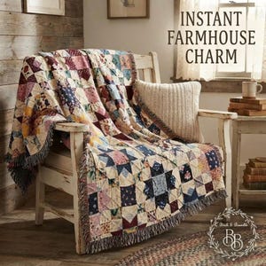 Farmhouse Patchwork Star Blanket | Woven Cotton Throw Fringed Edges, Rustic Bedding, Cottagecore Decor, Housewarminggift, Christmasblanket