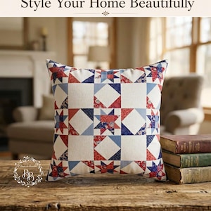 Rood wit en blauw kussen met patchworkpatroon | Patriottisch Amerikaans quilt vierkant decoratief kussen afbeelding 1