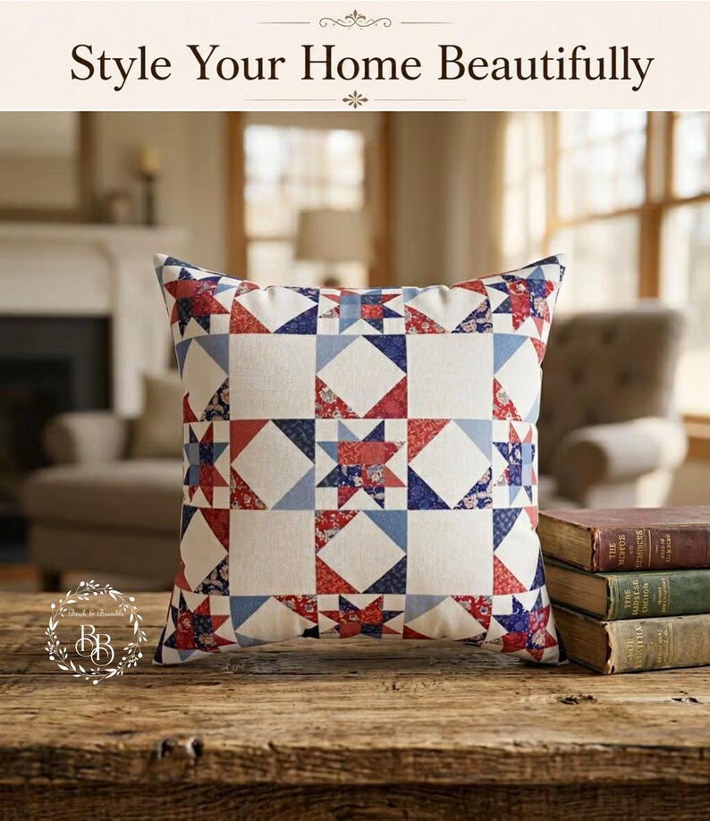 Rood wit en blauw kussen met patchworkpatroon | Patriottisch Amerikaans quilt vierkant decoratief kussen afbeelding 1