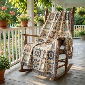 Farmhouse Patchwork Star Woven Throw Blanket, 100% Cotton Heirloom Quilt Pattern, Cottage-Core Living Room Decor, Cozy Bedding, Gift for Her