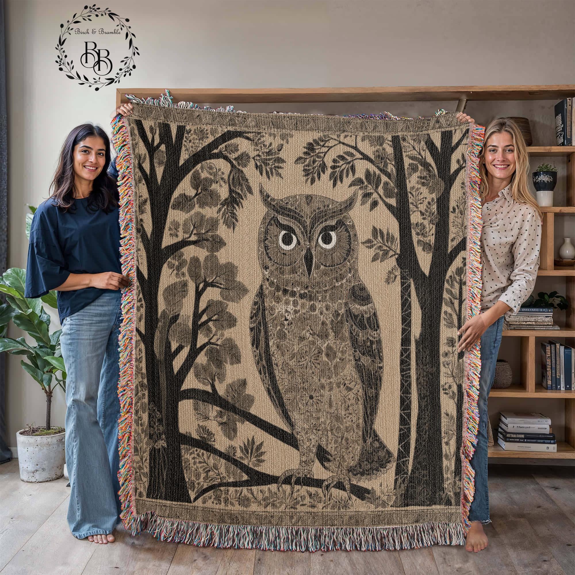 Gazing Owl Heirloom Woven Blanket | Blanket for Owl Lovers | Owl Gifts | Gifts for Nature Lovers | B
